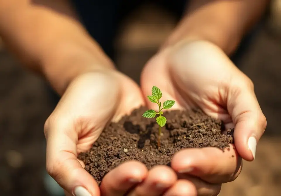Two hands holding soil with a small green seedling, symbolizing growth and care